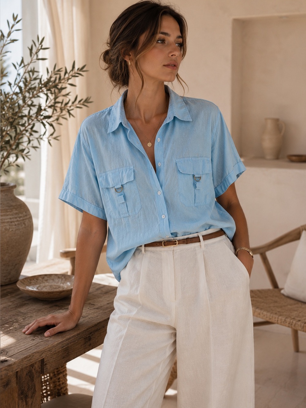 Sky Blue Linen Blend Safari Utility Shirt Size L